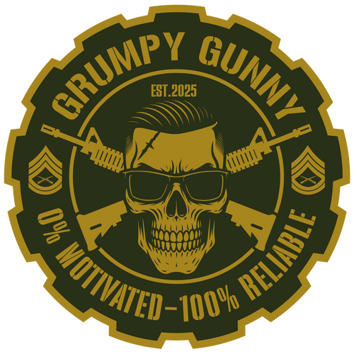 Grumpy Gunny veteran apparel logo featuring a skull with sunglasses, crossed rifles, and the slogan 0% Motivated – 100% Reliable in a gold and black military-style design.